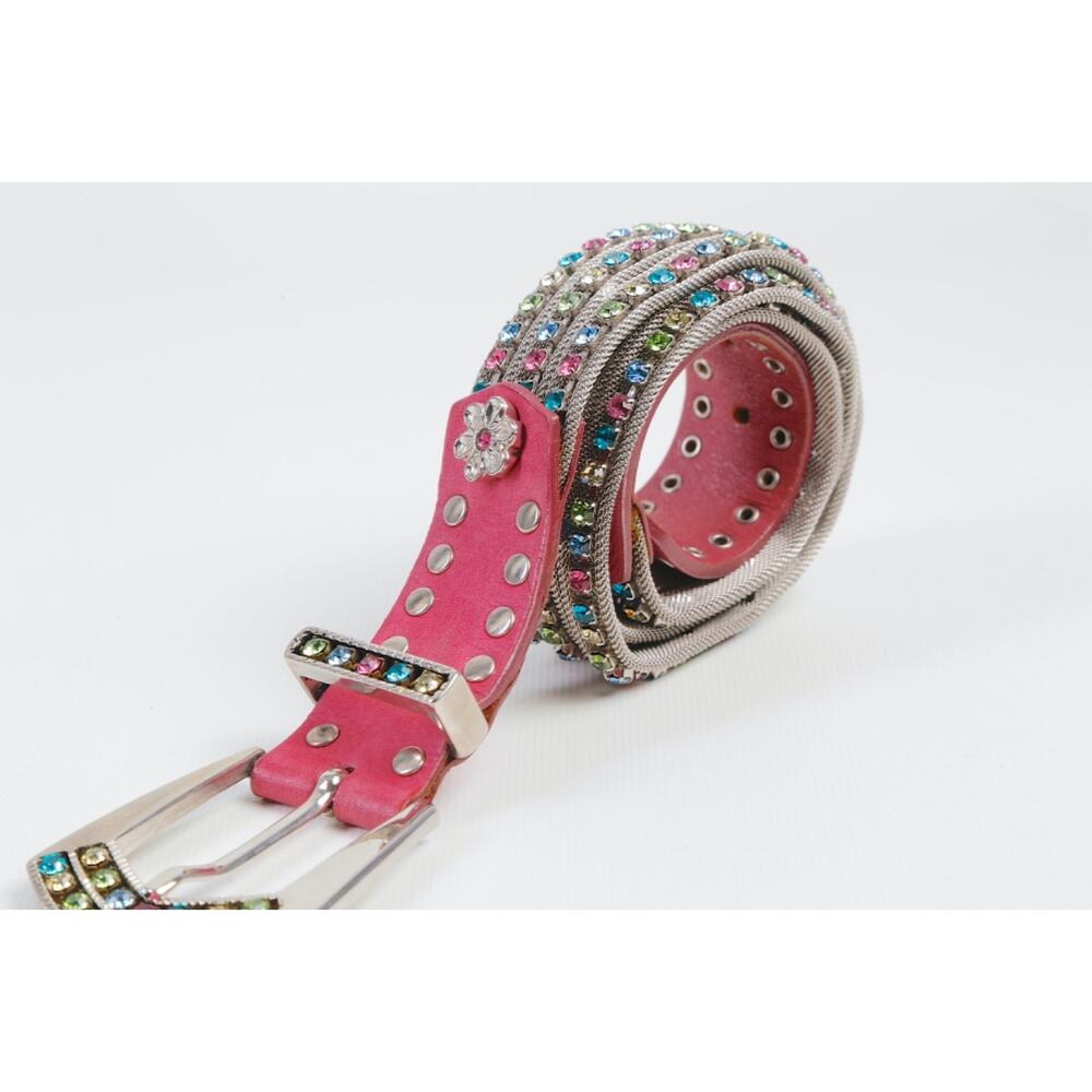 Vintage Nanni Belt Italy Pink Leather Silver Metal Mesh Rhinestones Crystals 34